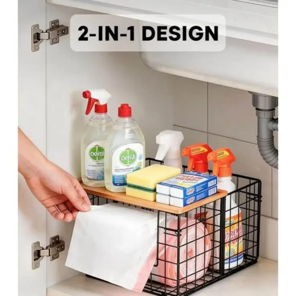 Under Sink Organizer Wire Basket with Bamboo Top Trash Bag Holder